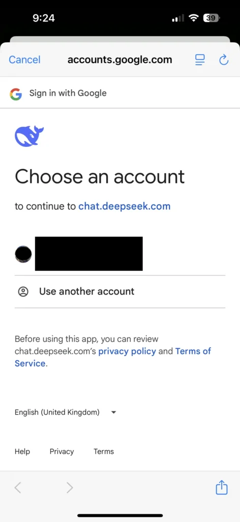 DeepSeek는 Google 계정을 선택합니다.